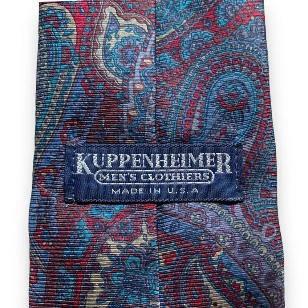 Vintage  Tie Burgundy Blue Retro‎ Paisley Print Silk Heritage Preppy Old Money
